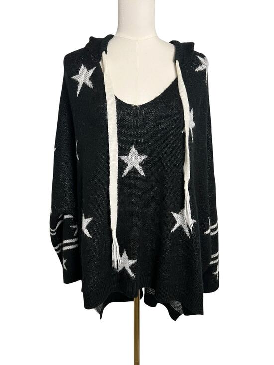 POL Sweaters - POL Black White Star Hooded Oversized Sweater Hooded Tunic Size Small Boho Indie